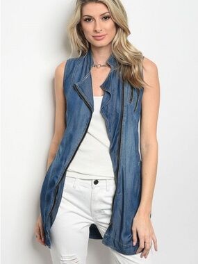 NWT! Sleeveless Denim Zip-Front Vest in Blue
